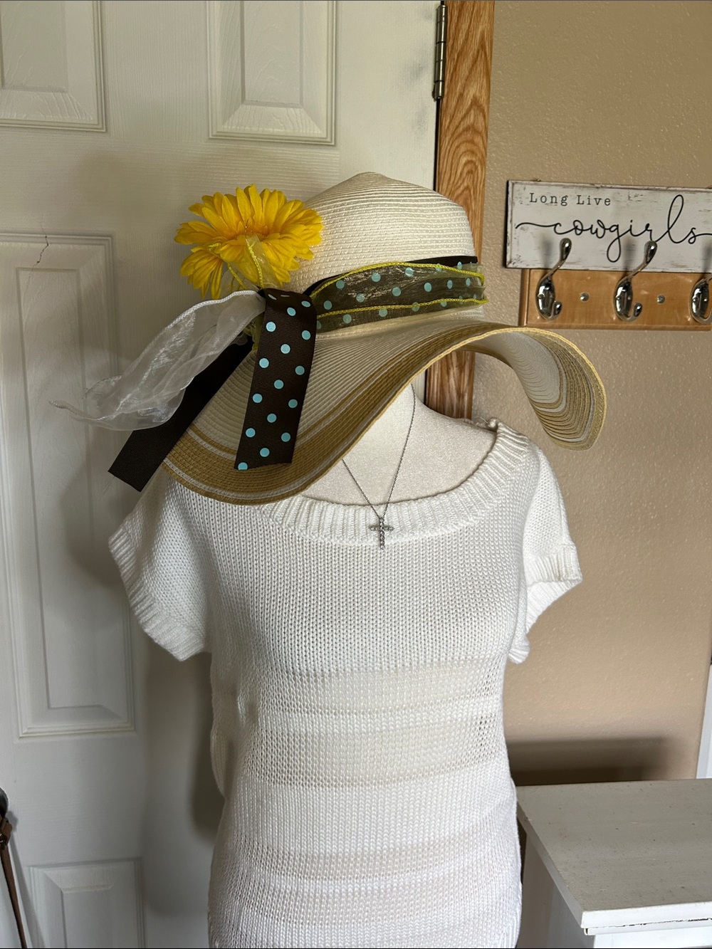 Wide-Brim Straw Sun Hat with Yellow Flower and Brown Polka Dot Ribbon